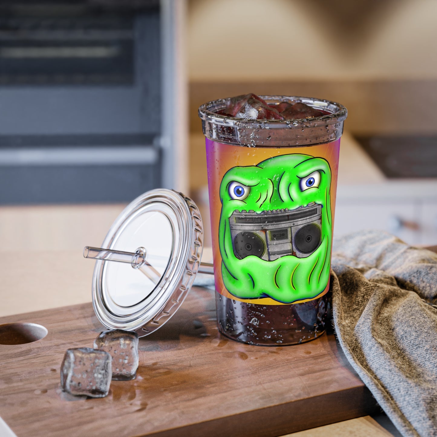 Green Slime Boombox Acrylic Tumbler - Retro Music Graphic Cup