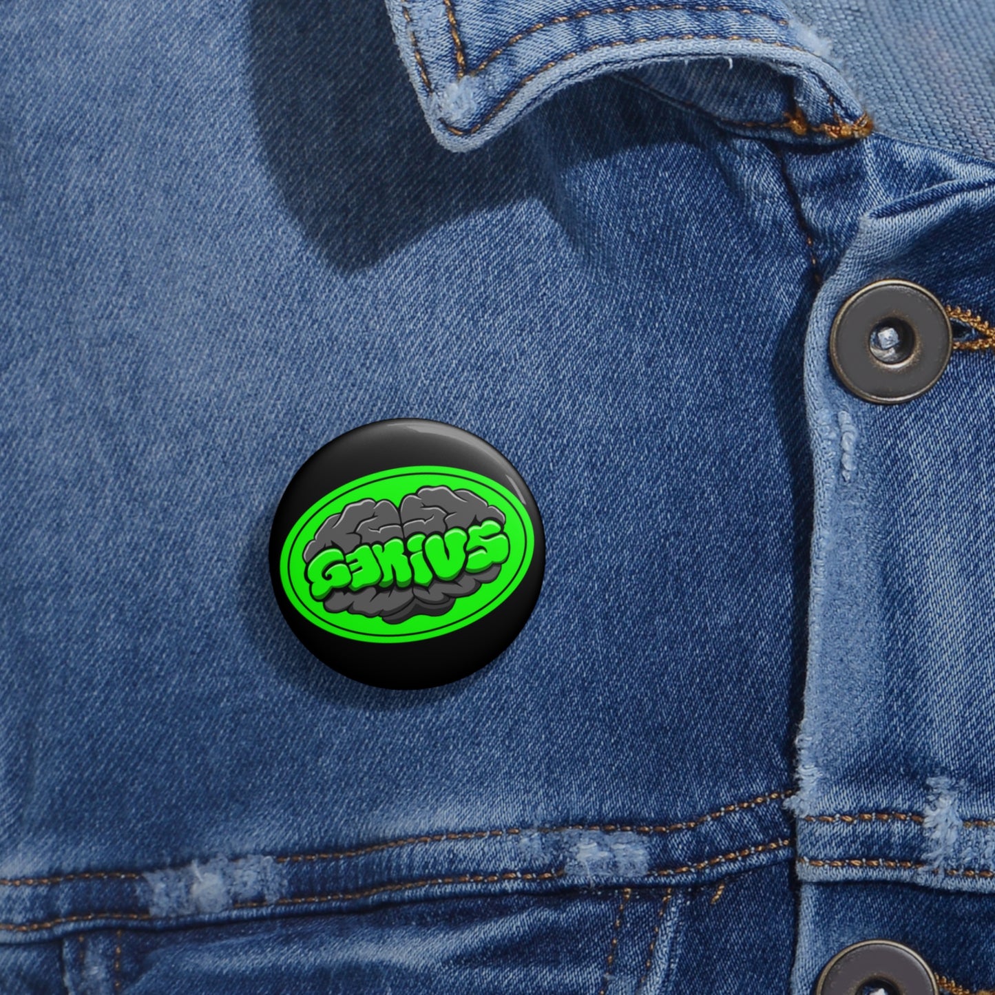 Genius Brain Pin Button — Neon Green Retro Badge