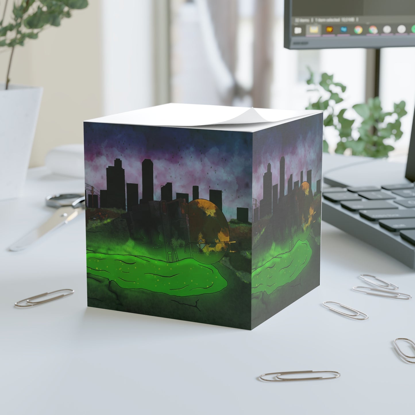 Post-Apocalyptic Cityscape Note Cube - Neon Slime Sticky Notes