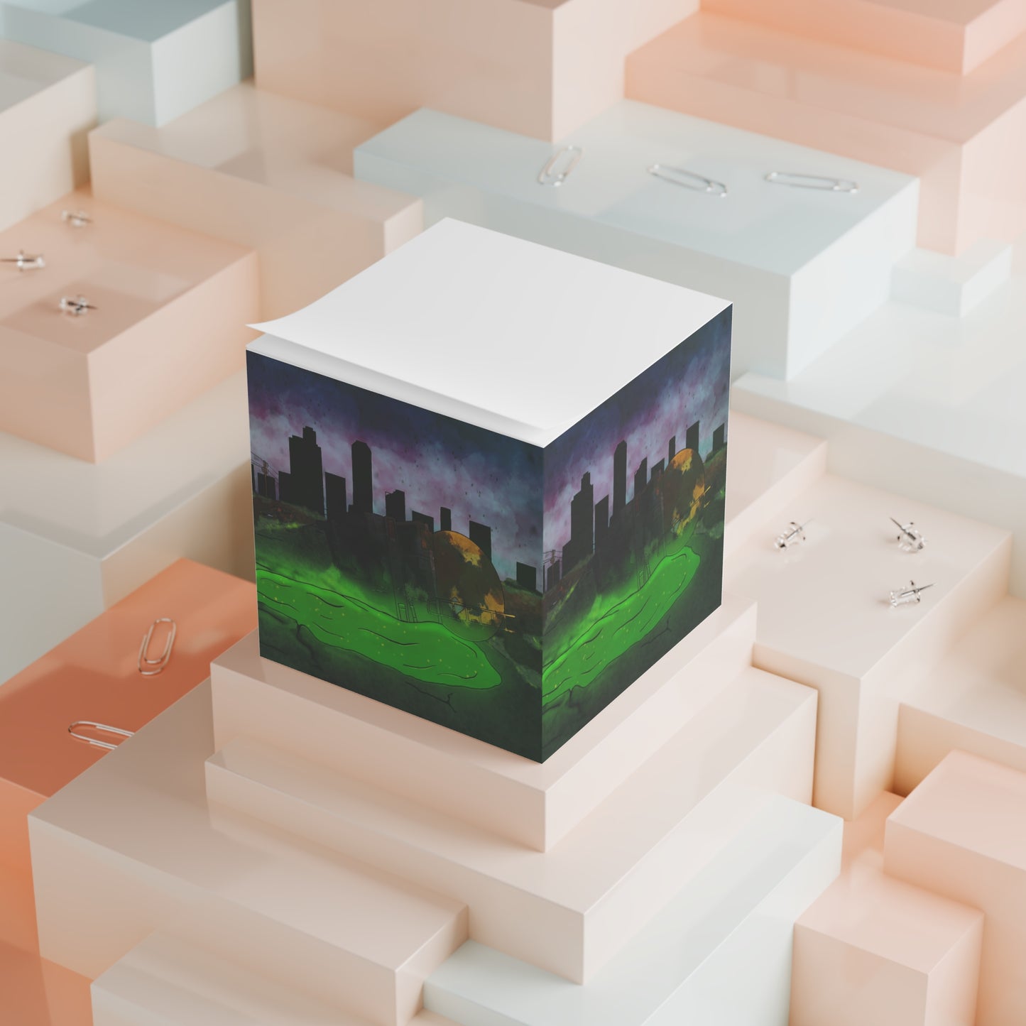 Post-Apocalyptic Cityscape Note Cube - Neon Slime Sticky Notes