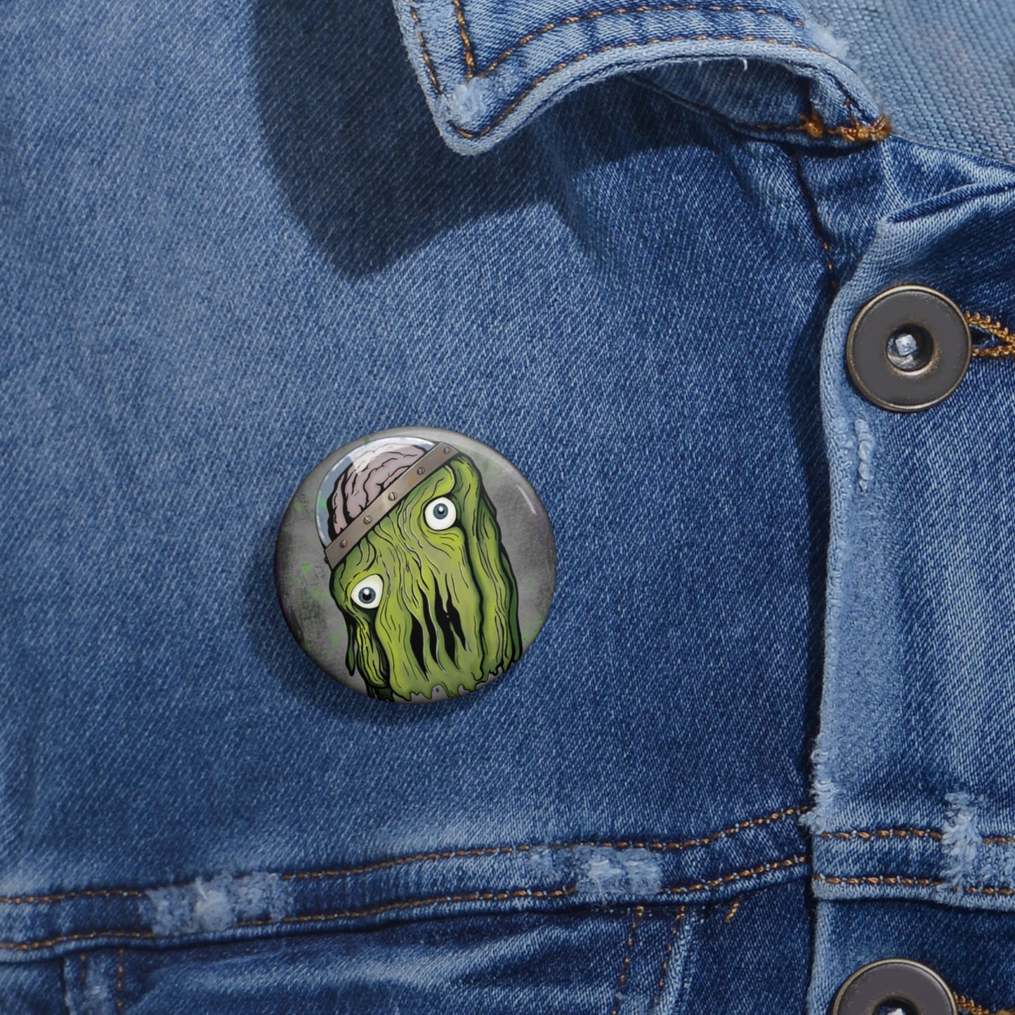 Creepy Green Monster Pin Button – Cute Spooky Horror Badge