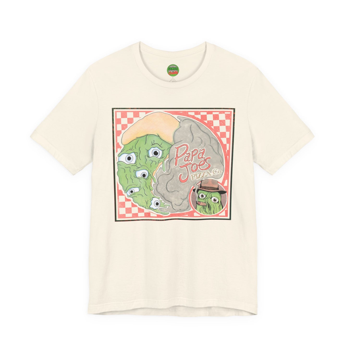 Papa Joe’s Pizza Tee — Retro Checkerboard Pizza Graphic T-Shirt