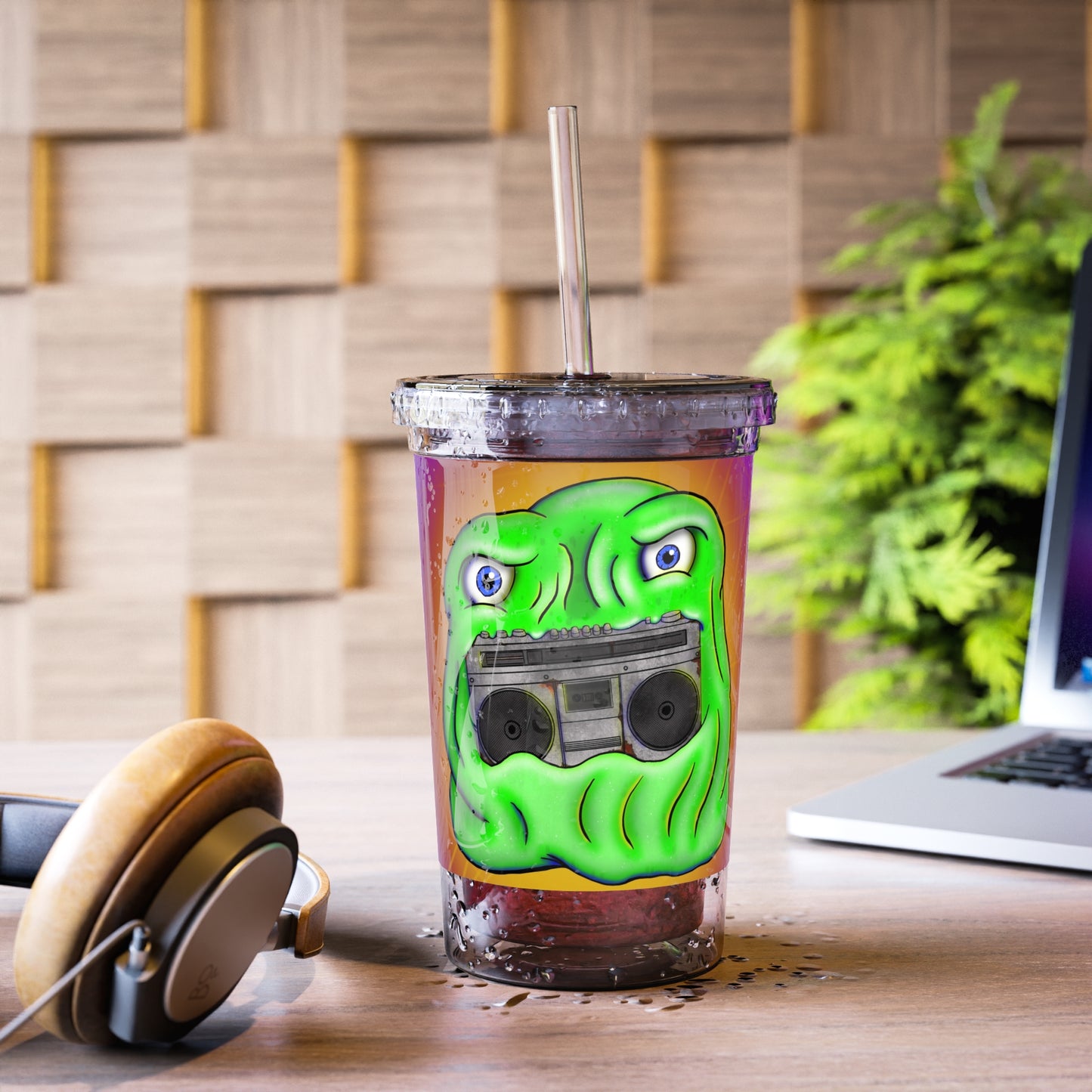 Green Slime Boombox Acrylic Tumbler - Retro Music Graphic Cup