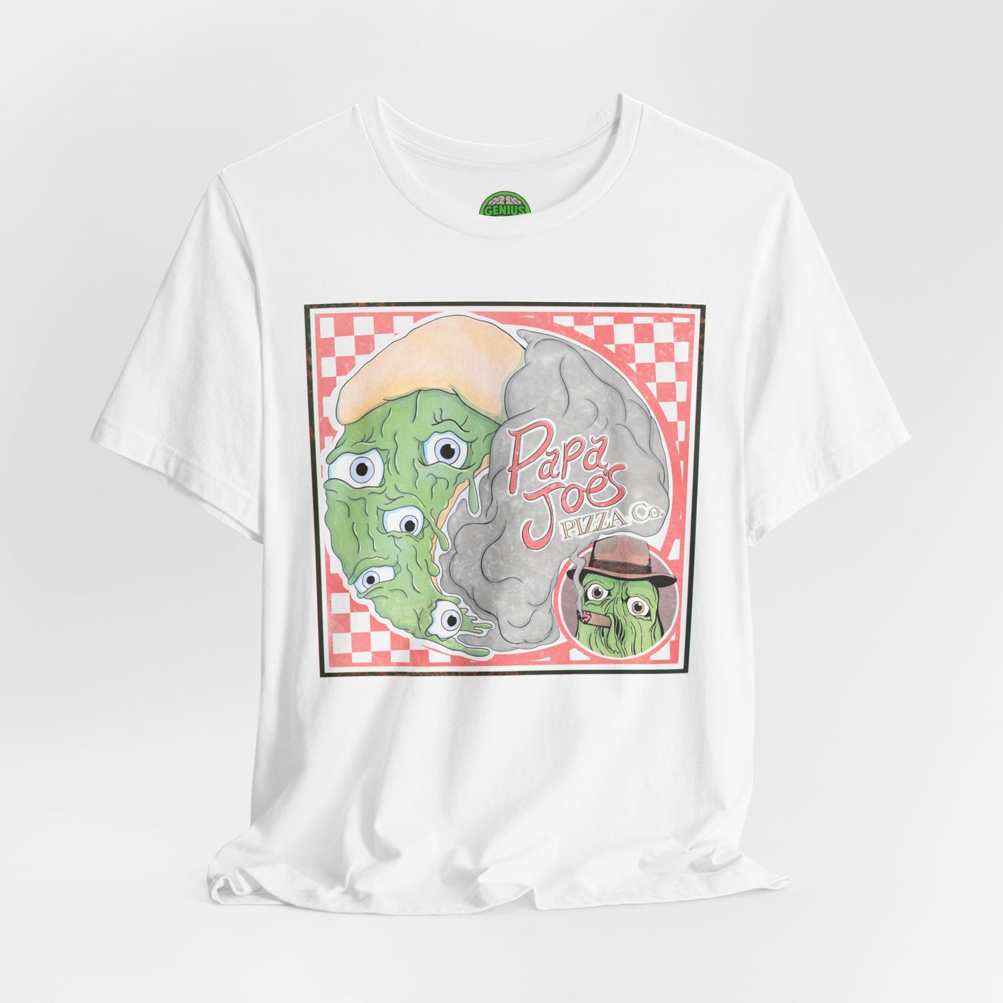 Papa Joe’s Pizza Tee — Retro Checkerboard Pizza Graphic T-Shirt