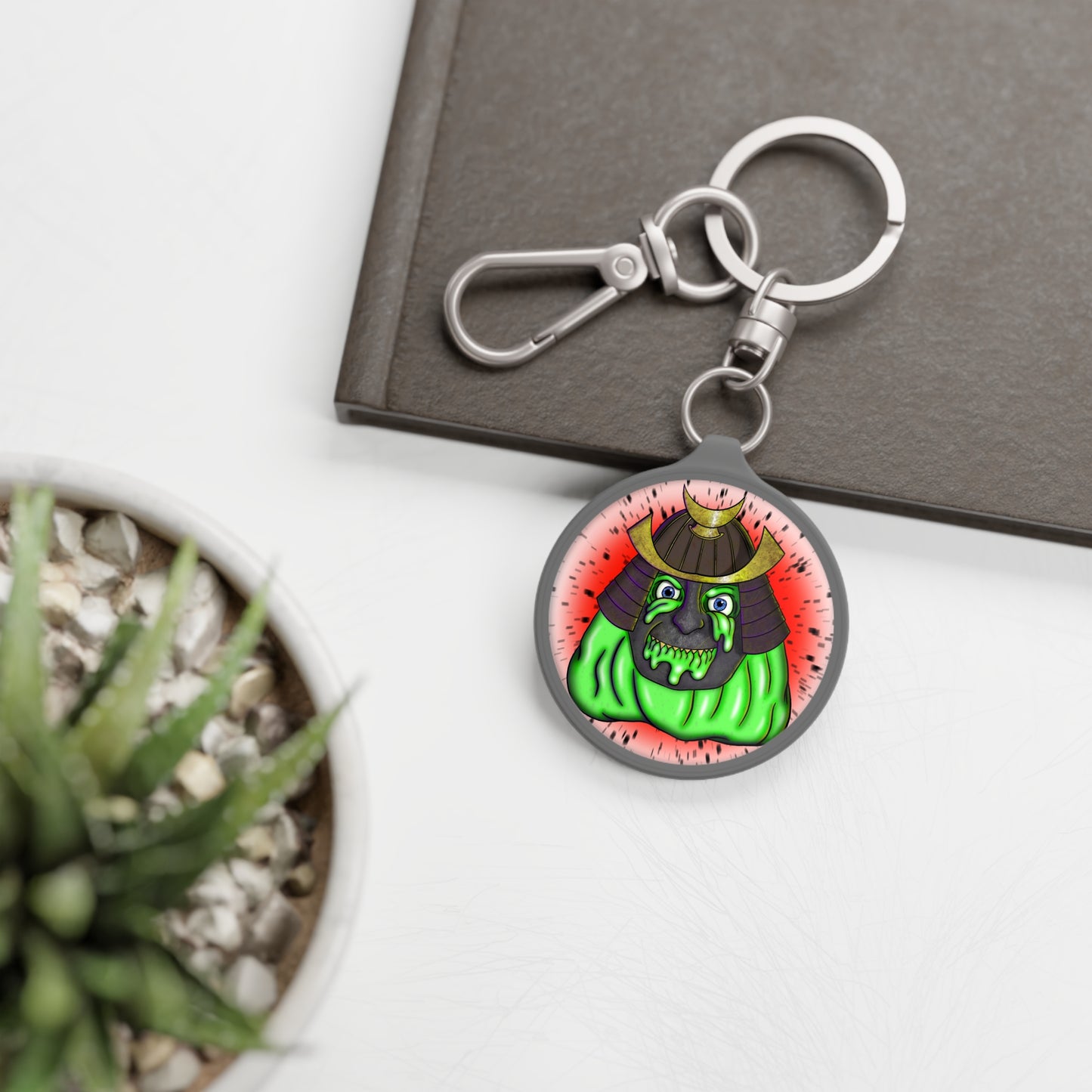 Samurai Oni Keyring Tag — Neon Green Demon Helmet Keychain