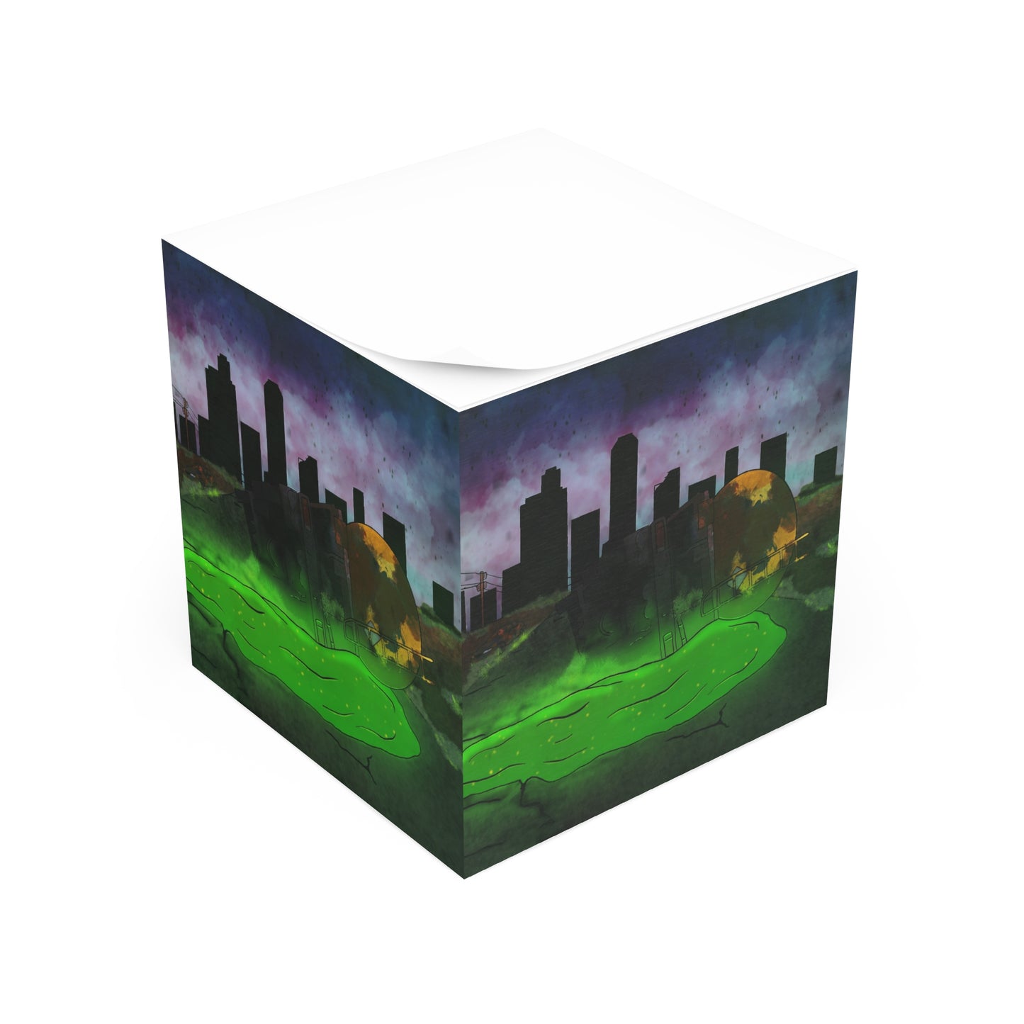 Post-Apocalyptic Cityscape Note Cube - Neon Slime Sticky Notes