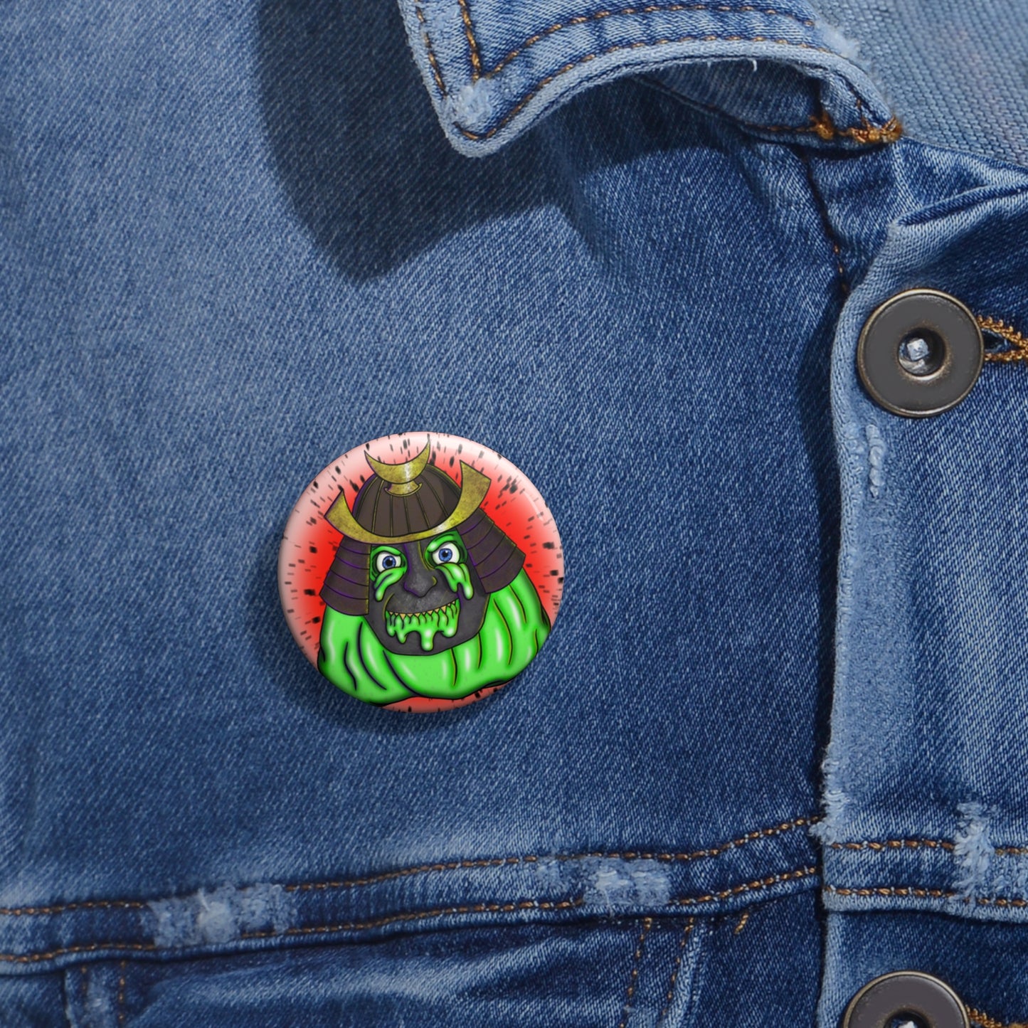 Samurai Green Oni Pin Button — Japanese Demon Enamel-Style Lapel Pin