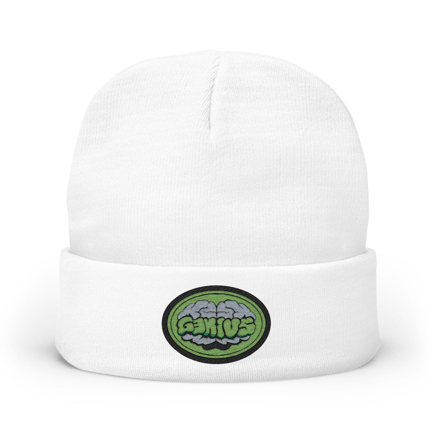 Embroidered Genius Brain Beanie - Knit Cuffed Hat with Brain Design