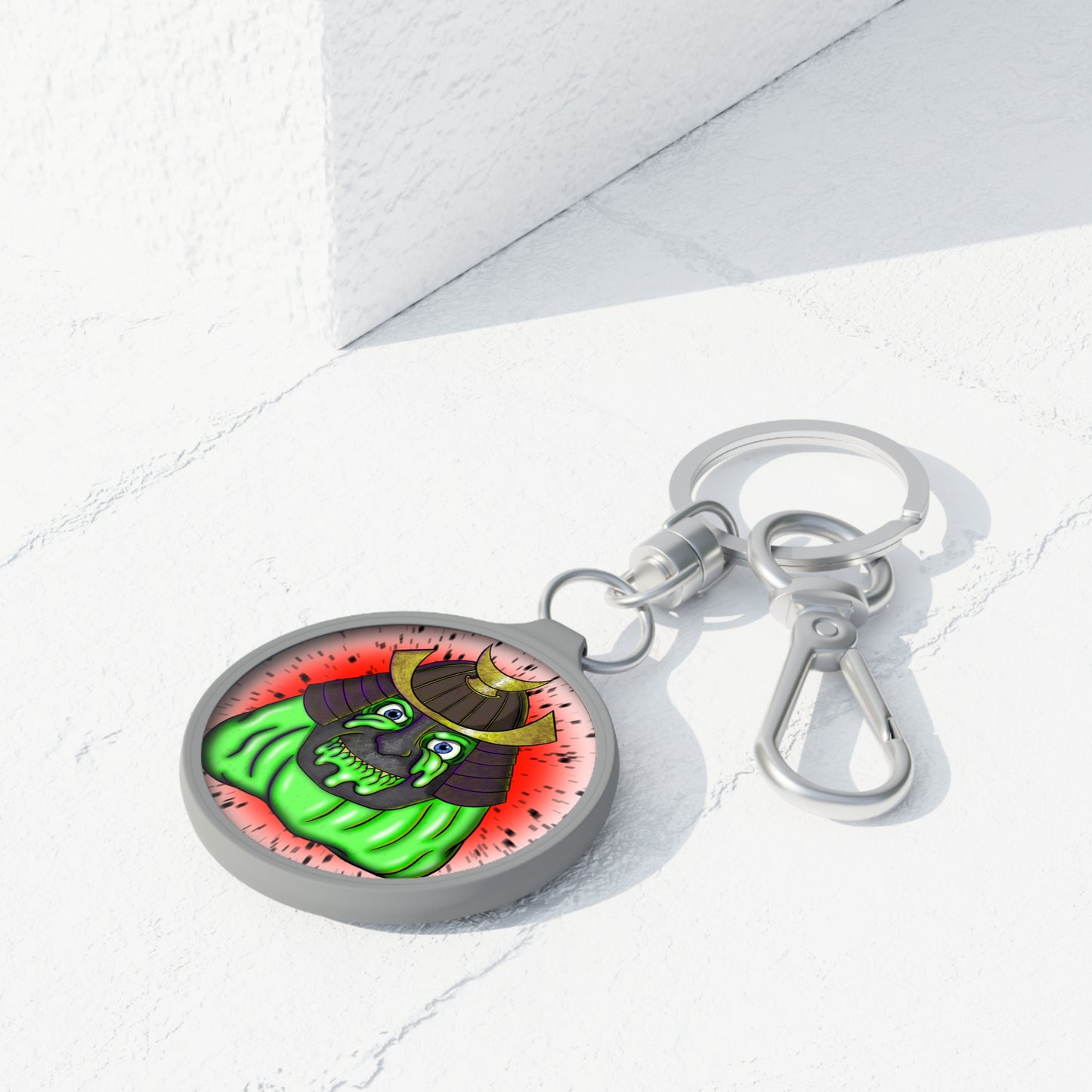 Samurai Oni Keyring Tag — Neon Green Demon Helmet Keychain